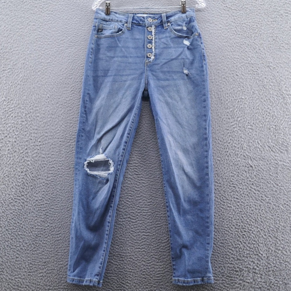 KanCan Womens Stormi High Rise Skinny Jeans Size 7/27 Blue Button Fly Distressed